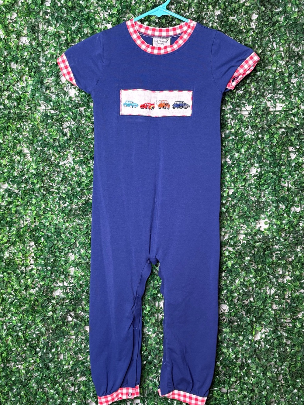 MK Clothing Designs Disney Cars Blue Romper Onesie with Red Gingham Trim